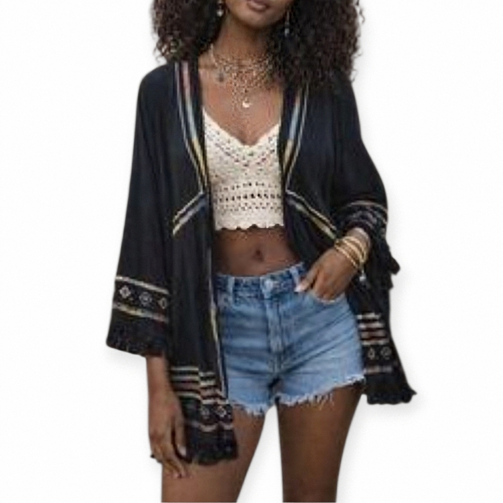 Boho Rainbow Embroidered Black Kimono Cardigan Coverup With Fringe Trim XS